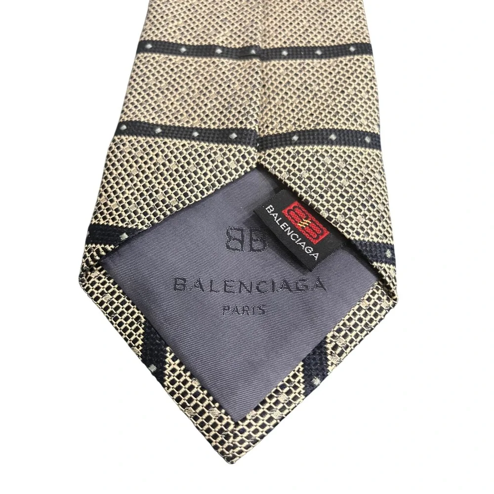 Balenciaga Paris Mens Silk Tie Tan Black Geometric Striped Woven Necktie Italy